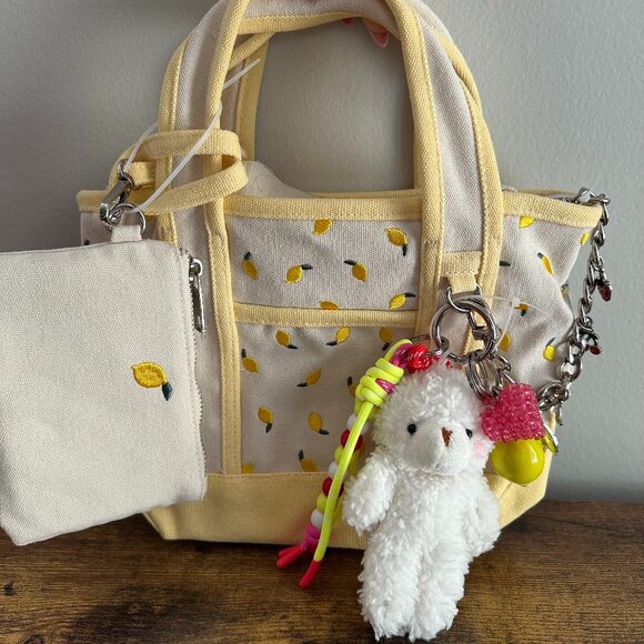 NWT Madden Girl Lemon Canvas Mini Tote Viral Crossbody Bear Multi Charm Yellow - Picture 1 of 6